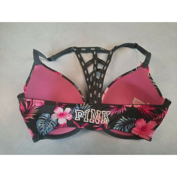 Victorias Secret PINK Front Close Push-Up Bra 32DD Caged Racerback Logo Tropical - Picture 2 of 3